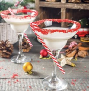 Festive holiday margaritas with red sugar rims and candy canes at a Christmas-themed pop-up bar near the NJ Shore.