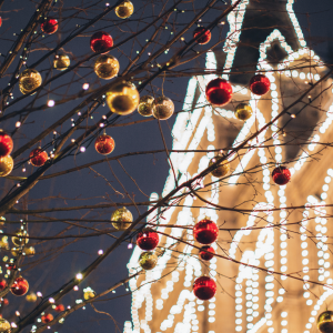 Close-up of red and gold ornaments on tree branches with sparkling holiday lights and an illuminated building in the background at the NJ Shore.